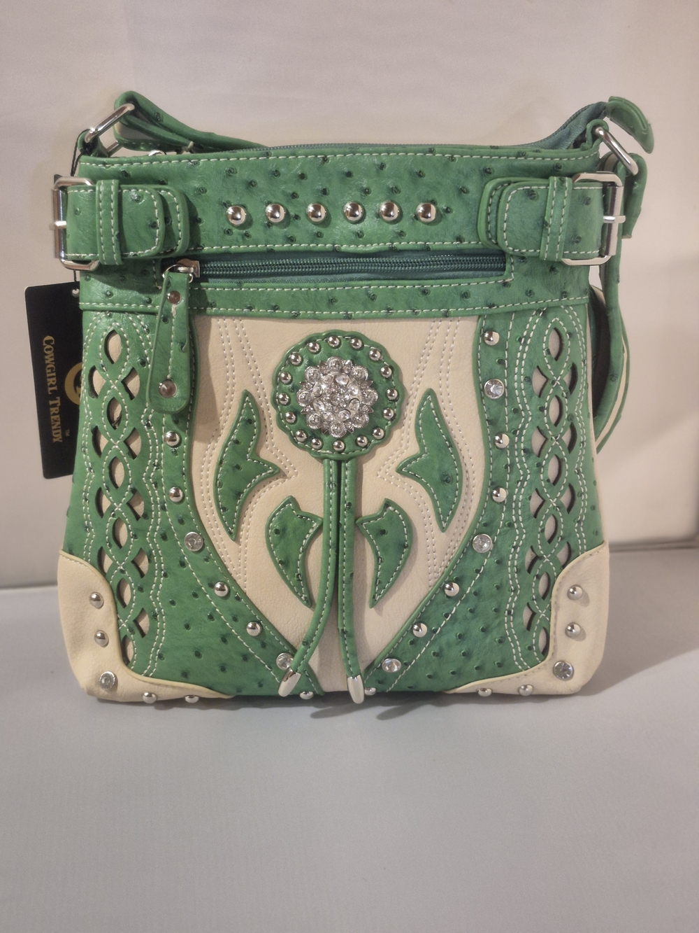 Cowgirl Trendy Green & Cream Embellished Crossbody Purse New With Tags